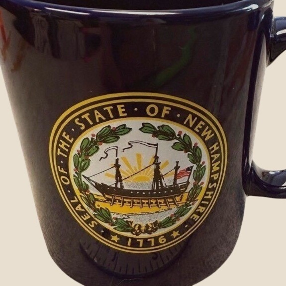 New Hampshire State Seal Coffee Mug Navy Blue Ceramic 1776 Ship Souvenir Cup